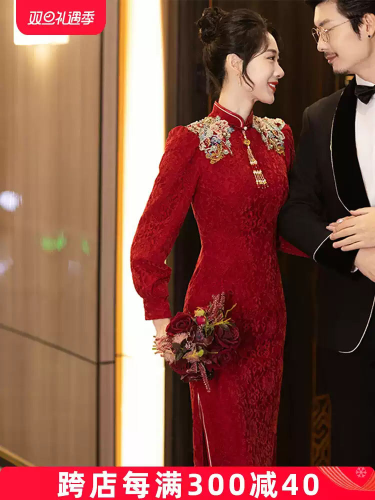 Red out of the pavilion cheongsam women's new Chinese winter long sleeved short stature custom-made wedding dress high-end niche toast dress women