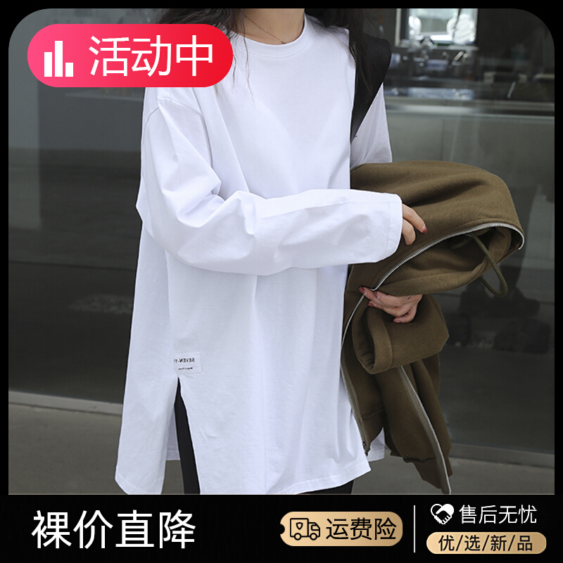 White medium length bottom sweater for women in 2023, plush lining, western-style autumn and winter loose fitting long sleeved T-shirt for women's top
