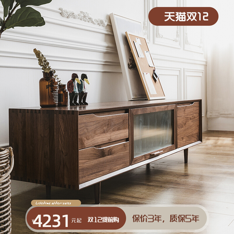 Tver audio-visual cabinet Nordic solid wood furniture black walnut two-drawing glass door audio-visual cabinet 1 8 meters TV cabinet