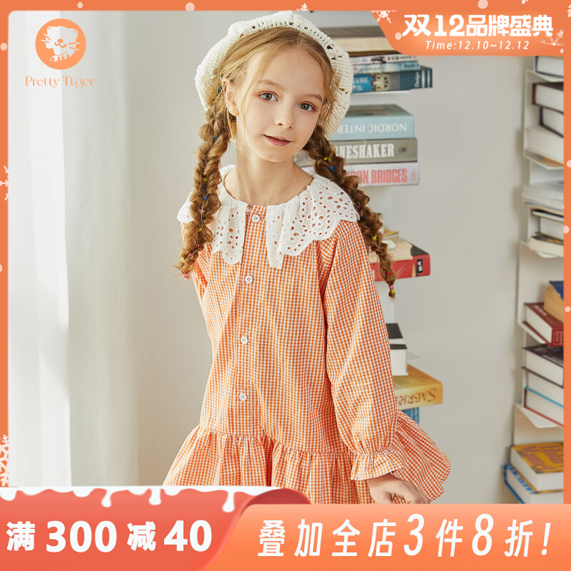 Tiger Patti children's clothing girls dress autumn new small and medium children's skirt long-sleeved lapel princess dress