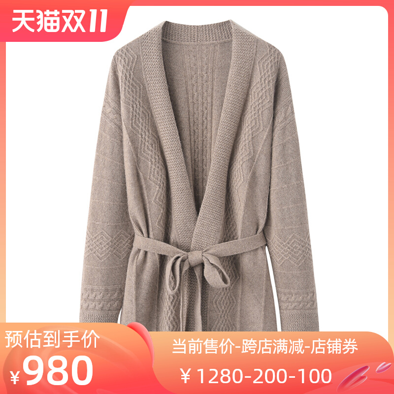 autumn winter new 100% pure cashmere cardigan women's thick lace mid-length twill knit sweater coat